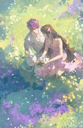 1boy 1girl absurdres bare_shoulders bead_armlet bead_bracelet bead_necklace beads bow bow_choker bowtie bracelet brown_hair chaoxibumian chinese_commentary choker closed_mouth collared_shirt commentary_request couple day dress faceless faceless_female field flower flower_field frilled_dress frills full_body hair_between_eyes hair_flower hair_ornament happy hetero highres holding holding_plant jewelry kneeling light_particles long_dress long_hair long_sleeves looking_at_another love_and_deepspace moss necklace outdoors pants pink_bow pink_bowtie pink_dress pink_flower plant protagonist_(love_and_deepspace) puffy_long_sleeves puffy_sleeves purple_eyes purple_flower purple_hair rafayel_(love_and_deepspace) see-through_clothes see-through_sleeves shirt short_hair sidelocks smile spaghetti_strap spring_(season) very_long_hair watermark weibo_watermark white_flower white_pants white_shirt yellow_flower
