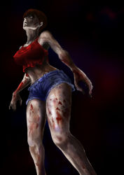 1girl armpits bare_legs blood blood_from_mouth blood_on_arm blood_on_face blood_on_hands blood_on_leg brown_hair capcom collarbone colored_skin crop_top denim denim_shorts feet_out_of_frame female_focus grey_skin midriff misty_(residen_evil) navel pupiless_eyes red_tank_top resident_evil resident_evil_2 shoe_soles short_hair short_shorts shorts solo standing tank_top thighs uriens zombie zombie_girl