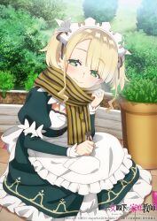 1girl anime_coloring apron blonde_hair blush commentary_request dress ellie_walker green_eyes highres koujo_denka_no_katei_kyoushi looking_at_viewer maid maid_apron maid_headdress official_art scarf sitting twintails