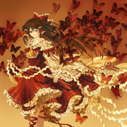 1girl ascot bell bow brown_eyes brown_hair bug butterfly collar detached_sleeves feet_out_of_frame frilled_ascot frilled_bow frilled_collar frilled_hair_tubes frilled_skirt frilled_sleeves frills gohei hair_bow hair_tubes hakurei_reimu highres holding holding_gohei insect leg_ribbon light_blush light_particles lips long_hair maruyamaboukyo orange_background red_bow red_butterfly red_ribbon red_shirt red_skirt ribbon shirt skirt smile solo touhou white_collar white_sleeves yellow_ascot