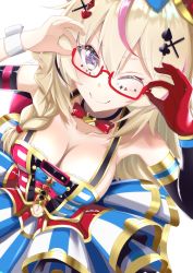 1girl absurdres adjusting_eyewear bare_shoulders blonde_hair borumete bow bow_choker braid breasts choker cleavage collarbone detached_sleeves dress glasses gloves hair_between_eyes hair_ornament hairpin heart highres hololive large_breasts long_hair looking_at_viewer multicolored_dress multicolored_hair navel omaru_polka omaru_polka_(1st_costume) one_eye_closed pink_hair purple_eyes red-framed_eyewear red_gloves semi-rimless_eyewear simple_background single_glove smile solo striped_clothes striped_dress under-rim_eyewear virtual_youtuber white_background wrist_cuffs x_hair_ornament