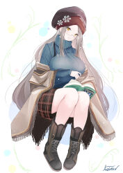 1girl azur_lane beret blue_sweater book boots breasts full_body glasses grey_hair hat highres holding holding_book large_breasts livetarica long_hair long_sleeves looking_at_viewer plaid_clothes plaid_skirt ribbed_sweater shangri-la_(azur_lane) shangri-la_(utopia&#039;s_collector)_(azur_lane) shawl signature simple_background sitting skirt smile solo sweater turtleneck turtleneck_sweater very_long_hair white_background yellow_eyes