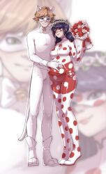 1boy 1girl absurdres adrien_agreste animal_ears blonde_hair blue_hair bodysuit bouquet bow bowtie bridal_veil cat_ears chat_noir couple earrings flower green_eyes hair_flower hair_ornament highres jewelry keiori_(keiorix) ladybug_(character) marinette_dupain-cheng mask miraculous_ladybug pregnant ring see-through_clothes short_hair toy twintails veil wedding yo-yo