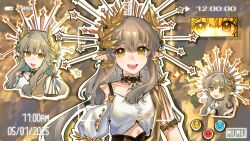 1girl :d ambience_synesthesia arknights aura bare_shoulders battery_indicator black_choker brown_hair chinese_commentary choker collarbone commentary_request elf emoji fang gold hair_between_eyes heart highres long_hair mole mole_under_eye muelsyse_(arknights) muelsyse_(golden_reverie)_(arknights) multiple_views navel official_alternate_costume open_mouth outline pointy_ears shirt skin_fang smile star_(symbol) teeth timestamp upper_teeth_only white_outline white_shirt yellow_eyes zhu_zhi_jun