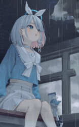 1girl absurdres arona_(blue_archive) blue_archive blue_eyes blue_hair blue_shirt braid colored_inner_hair from_below hair_behind_ear hair_over_one_eye hairband highres iom_kd37150 long_hair looking_up multicolored_hair neckerchief rain sailor_collar shirt sidelocks single_braid skirt solo stuffed_toy two-tone_hair umbrella whale white_hairband white_neckerchief white_sailor_collar white_skirt white_umbrella