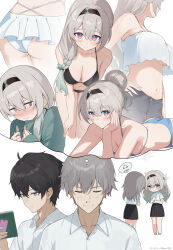 2boys 2girls absurdres aroused_nosebleed auui bikini black_bikini black_skirt blue_pupils blush breasts caelus_(honkai:_star_rail) cleavage closed_mouth collared_shirt dan_heng_(honkai:_star_rail) firefly_(honkai:_star_rail) frilled_bikini frills gradient_eyes gradient_hair grey_hair hair_between_eyes hair_intakes highres honkai:_star_rail honkai_(series) image_in_thought_bubble large_breasts multicolored_eyes multicolored_hair multiple_boys multiple_girls pleated_skirt shirt simple_background skirt smile speech_bubble stelle_(honkai:_star_rail) swimsuit thought_bubble trailblazer_(honkai:_star_rail) two-tone_eyes white_background white_bikini white_shirt