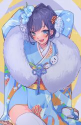 1girl :d absurdres arms_behind_head blue_eyes blue_hair blue_kimono blush boros_(ouro_kronii) commentary fangs flower geta hair_flower hair_intakes hair_ornament happy_new_year highres hololive hololive_english japanese_clothes kimono kneeling kokomi_(aniesuakkaman) looking_at_viewer new_year official_alternate_costume official_alternate_hairstyle open_mouth ouro_kronii ouro_kronii_(new_year) smile virtual_youtuber