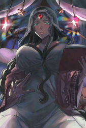 Rule 34 | 1girl, artist name, black hair, book, breasts, cleavage, commentary, copiki 017, dark-skinned female, dark skin, dress, fate/grand order, fate (series), green eyes, highres, holding, holding book, indoors, large breasts, long hair, official alternate costume, open mouth, scheherazade (fate), smile, solo, stuffed animal, stuffed toy, teddy bear, teeth, twitter username, upper teeth only, white dress, yousei sugoroku mushikago yuugi