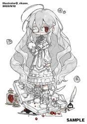 1girl ahoge artist_name closed_mouth commission crystal dated dress eyeball eyepatch faux_figurine flower frilled_dress frilled_socks frills hair_between_eyes heart_(organ) highres holding holding_stuffed_toy inkwell jaggy_lines jar letter_opener long_hair long_sleeves looking_at_viewer medical_eyepatch one_eye_covered original paper quill red_eyes rikann rose shoes simple_background socks solo stuffed_animal stuffed_rabbit stuffed_toy teddy_bear very_long_hair watermark white_background white_dress white_flower white_hair white_rose white_shoes white_socks white_theme
