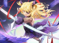 1girl absurdres arrow_(projectile) bare_shoulders bat_ornament blonde_hair bow_(weapon) dress eyepatch feathers fischl_(genshin_impact) genshin_impact gloves green_eyes highres holding holding_arrow holding_bow_(weapon) holding_weapon oz_(genshin_impact) purple_dress single_glove tanpopo_(tanpopokkk) two_side_up weapon