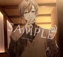 Rule 34 | 1boy, black nails, black shirt, brick wall, brown hair, brown sweater vest, collared shirt, copyright notice, cuffs, ear piercing, earrings, hair between eyes, hand on own chin, handcuffs, holding, holding handcuffs, inaotteko ze, indoors, jewelry, kanae (nijisanji), light blush, long hair, long sleeves, looking at viewer, male focus, mole, mole under eye, multiple rings, nail polish, nijisanji, official art, parted lips, piercing, ponytail, ring, sample watermark, shirt, short ponytail, smile, smirk, solo, straight-on, sweater vest, upper body, virtual youtuber, watermark