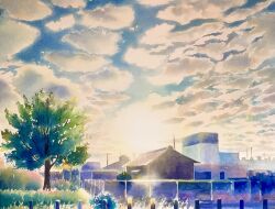 blue_sky building bush cloud cloudy_sky day didi_daisukedoi highres no_humans original power_lines scenery shadow sky sunlight town utility_pole