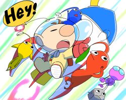1boy anime_coloring backpack bag big_nose black_eyes black_skin blue_eyes blue_pikmin blue_skin brown_hair bud buttons carrying carrying_person closed_eyes colored_skin commentary_request english_text fire flower frisbee_(frisbee_aop) gloves hand_on_own_cheek hand_on_own_face helmet hey!_pikmin insect_wings leaf looking_at_viewer nintendo no_mouth olimar open_mouth outstretched_arms pikmin_(creature) pikmin_(series) pink_skin pointing pointing_forward pointy_ears pointy_nose purple_flower radio_antenna red_bag red_gloves red_light red_pikmin red_skin rock rock_pikmin rocket s.s._dolphin_ii short_hair simple_background solid_circle_eyes space_helmet spacecraft spacesuit speech_bubble teeth triangle_mouth upper_teeth_only very_short_hair whistle white_background white_flower winged_pikmin wings yellow_pikmin yellow_skin