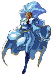 1990s_(style) 1girl absurdres bengus bodysuit breasts cape clenched_hand dark-skinned_female dark_skin earrings floating floating_hair full_body game_cg highres jewelry leg_up lightning_bolt_earrings lightning_bolt_symbol long_hair marvel marvel_vs._capcom medium_breasts no_pupils non-web_source official_art outstretched_arm retro_artstyle simple_background solo storm_(x-men) very_dark_skin very_long_hair white_background white_bodysuit white_eyes white_hair x-men x-men_vs._street_fighter