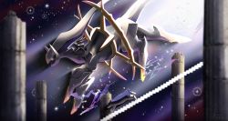 1girl akari_(pokemon) aonik arceus black_hair blurry closed_mouth commentary creatures_(company) floating_hair floating_scarf from_side game_freak gen_2_pokemon gen_4_pokemon highres legendary_pokemon mythical_pokemon nintendo pillar pokemon pokemon_(creature) pokemon_legends:_arceus riding riding_pokemon scarf sidelocks signature sparkle typhlosion