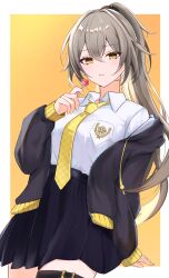 1girl alternate_costume alternate_hairstyle black_jacket black_skirt border candy collared_shirt commentary_request cowboy_shot dutch_angle food grey_hair high_ponytail highres holding holding_candy holding_food holding_lollipop honkai:_star_rail honkai_(series) jacket lollipop long_hair looking_at_viewer necktie open_clothes open_jacket pleated_skirt ponytail shirt simple_background skirt solo stelle_(honkai:_star_rail) tiizumaru98 trailblazer_(honkai:_star_rail) white_border white_shirt yellow_background yellow_eyes yellow_necktie