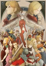Rule 34 | agrias oaks, alma beoulve, angel wings, archer (fft), armor, bandana, belt, blonde hair, blue cape, brown cape, brown dress, brown eyes, brown hair, cape, closed eyes, dagger, dancer (fft), delita heiral, dress, elbow pads, feet out of frame, final fantasy, final fantasy tactics, full body, geomancer (fft), glock, green bandana, groping, gun, half-closed eyes, handgun, hands on own chest, hat, headband, highres, holding, holding weapon, knife, knight (fft), leotard, looking at viewer, looking to the side, monk (fft), multiple boys, multiple girls, mustadio bunansa, nose, ovelia atkascha, overalls, pants, ponytail, praying, purple dress, ramza beoulve, red leotard, red pants, red robe, red thighhighs, robe, rod, satori ill, shirt, shoulder armor, staff, strap, sword, thief (fft), thighhighs, tietra heiral, topless male, ultima (fft), valmafra lenande, weapon, white cape, white lily, white mage, white mage (fft), white mage (final fantasy), white robe, wings, wizard hat, yellow shirt