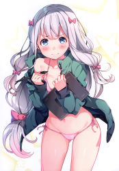 1girl absurdres bare_shoulders bikini blue_eyes blush bow breasts closed_mouth collarbone drawing_tablet eromanga_sensei fingernails gluteal_fold gradient_background hair_bow hair_ornament highres holding izumi_sagiri jacket kat_(bu-kunn) long_hair long_sleeves looking_at_viewer navel off_shoulder open_clothes open_jacket pink_bikini scan shiny_skin side-tie_bikini_bottom silver_hair small_breasts solo star_(symbol) star_symbol_background stomach stylus swimsuit tears thighs