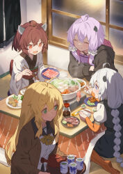 4girls ahoge black_dress black_hoodie blonde_hair blush bow bowtie braid breasts brown_cardigan brown_hair cardigan chopsticks closed_mouth commentary criss-cross_halter crossed_arms cup detached_sleeves dress food from_above frown green_eyes green_tea hair_ornament hair_scrunchie halter_dress halterneck headgear highres holding holding_chopsticks holding_plate holding_tray hood hood_down hoodie indoors jacket japanese_clothes kimono kizuna_akari kotatsu large_breasts looking_at_another looking_at_viewer low_twin_braids multiple_girls nabe night obi open_cardigan open_clothes open_hoodie open_mouth orange_eyes orange_pantyhose pantyhose pinafore_dress plate puffy_short_sleeves puffy_sleeves purple_bow purple_bowtie purple_dress purple_hair sash scrunchie shirt short_hair_with_long_locks short_sleeves short_twintails sitting sleeveless sleeveless_dress slice_of_life sliced_meat smile soy_sauce_bottle sweatdrop table tea teapot touhoku_kiritan tray tsurumaki_maki twin_braids twintails under_kotatsu under_table unworn_jacket v-shaped_eyebrows vocaloid voiceroid wariza white_hair white_kimono white_shirt window yamamomo_(plank) yunomi yuzuki_yukari