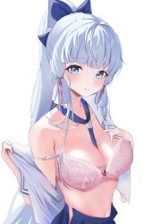 1girl absurdres ayaka_(genshin_impact) blue_bow blue_eyes blue_skirt blush bow bra braid breasts byakko_0410 cleavage closed_mouth collarbone genshin_impact hair_bow hair_ribbon highres large_breasts long_hair looking_at_viewer navel open_clothes open_shirt pink_bra pink_ribbon pleated_skirt ponytail ribbon school_uniform serafuku simple_background skirt smile solo underwear white_background white_hair white_serafuku