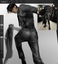 Rule 34 | 1boy, art program in frame, ass, black bodysuit, black eyes, black hair, black necktie, bodysuit, feet out of frame, head tilt, holding, holding unworn clothes, looking at viewer, macaronijail, male focus, necktie, omniscient reader&#039;s viewpoint, outstretched arms, reference inset, short hair, solo, yoo joonghyuk