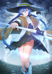 1girl absurdres atpoppet black_hat black_skirt blue_eyes blue_hair boots braid cape commentary hair_between_eyes hat highres holding holding_staff knee_boots long_hair looking_at_viewer magic mushoku_tensei roxy_migurdia skirt solo staff twin_braids water_drop witch witch_hat