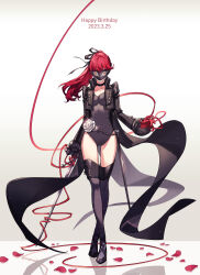 Rule 34 | 1girl, 2023, absurdres, black choker, black jacket, black leotard, black mask, black ribbon, black thighhighs, buttons, chain, choker, closed eyes, collarbone, commentary, dated, english text, frilled sleeves, frills, full body, gloves, hair ribbon, happy birthday, highres, holding, holding sword, holding weapon, jacket, leotard, long hair, long sleeves, mask, masked, open clothes, open jacket, persona, persona 5, persona 5 the royal, petals, ponytail, red gloves, red hair, ribbon, shadow, sheath, solo, strapless, strapless leotard, sword, thighhighs, tsubsa syaoin, violet (persona 5), weapon, white background, yoshizawa kasumi