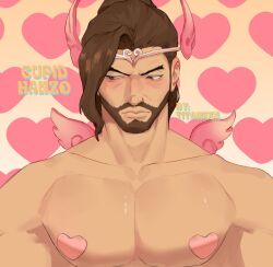 Rule 34 | 1boy, averting eyes, bara, beard, black hair, blush, breast mousepad, cupid, cupid hanzo, dark-skinned male, dark skin, facial hair, full beard, hanzo (overwatch), heart, heart background, heart pasties, large pectorals, long hair, male focus, mature male, mousepad (medium), muscular, muscular male, nude, overwatch, pasties, pectorals, ponytail, solo, tiara, titanium886, tsurime, upper body