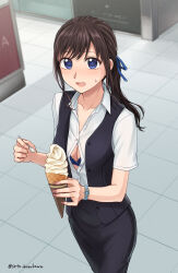 1girl blue_bra blue_eyes blue_ribbon bra bra_peek breasts cleavage collarbone collared_shirt commentary_request commission food from_above hair_ribbon highres holding holding_food holding_ice_cream holding_ice_cream_cone holding_spoon ice_cream ice_cream_cone ice_cream_spoon office_lady original pixiv_commission ribbon setu_kurokawa shirt short_sleeves solo spoon standing underwear white_shirt