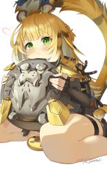 1girl absurdres animal_ears artist_name black_gloves black_shirt black_shorts blonde_hair blue_bow blush bow closed_mouth cropped_jacket fingerless_gloves gloves green_eyes highres hu_wei_(zenless_zone_zero) jacket ju_fufu long_hair looking_at_viewer maeru shirt shorts simple_background sitting solo tail tail_bow tail_ornament thighs tiger_ears tiger_girl tiger_tail white_background yellow_jacket zenless_zone_zero