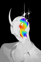 1boy benkdjjituibot closed_eyes collared_shirt cracked_skin demon_horns from_above greyscale highres horns kim_dokja male_focus monochrome omniscient_reader&#039;s_viewpoint open_skull rainbow_blood rainbow_gradient shirt solo sparkle spot_color upper_body white_shirt