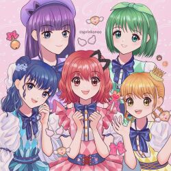 5girls aizawa_mint bell blonde_hair blue_bow blue_dress blue_eyes blue_hair blush bow braid checkered_clothes checkered_dress clenched_teeth closed_mouth crown double_bun dress fong_pudding fujiwara_zakuro green_dress green_eyes green_hairband grey_hair hair_bun hairband hat highres long_hair looking_at_viewer midorikawa_lettuce mini_crown momomiya_ichigo multiple_girls nao_(sprinkanao) open_mouth parted_lips pink_dress pink_eyes pink_hair puffy_short_sleeves puffy_sleeves purple_eyes purple_hair purple_hat short_hair short_sleeves smile teeth tokyo_mew_mew tokyo_mew_mew_new yellow_eyes