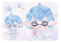 Rule 34 | 1boy, ^ ^, ahoge, bandaged wrist, bandages, bandaid, bandaid on cheek, bandaid on face, blue hair, border, bow, cake, cake slice, chibi, chinese commentary, closed eyes, closed mouth, collared shirt, commentary request, cropped shirt, expressionless, fangs, food, grey bow, grey pants, grey shirt, grey shoes, grey socks, hand on own hip, happy, highres, holding, holding food, inkling boy, inkling player character, lanmeier, layered shirt, light blush, light frown, long sleeves, macaron, male focus, midriff, multiple views, nintendo, open mouth, painting (medium), pants, puffy long sleeves, puffy sleeves, sample watermark, shirt, shoes, short hair, sneakers, socks, splatoon (series), splatoon 3, spoken food, teeth, thinking, traditional media, turtleneck, turtleneck shirt, upper body, watercolor (medium), watermark, white border