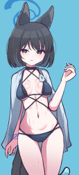 1girl absurdres animal_ears bikini black_choker black_eyes black_hair blue_archive blue_background blue_halo breasts cat_ears cat_girl choker criss-cross_halter eyeshadow halo halterneck highres kikyou_(blue_archive) kikyou_(swimsuit)_(blue_archive) layered_bikini looking_at_viewer makeup medium_breasts navel official_alternate_costume panatisia red_eyeshadow short_hair simple_background solo swimsuit