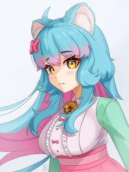 1girl ahoge animal_ear_fluff animal_ears aqua_sleeves artist_logo bell blouse blue_background blue_hair bow center_frills chessi_(vtuber) colored_inner_hair curly_sidelocks dress floating_hair frills gradient_hair hair_bow highres jingle_bell kanoed1 light_blush logo long_hair looking_at_viewer mouse_ears mouse_girl multicolored_hair neck_bell owozu parted_lips pink_bow pink_hair pink_skirt second-party_source shirt skirt virtual_youtuber white_shirt wing_collar yellow_eyes