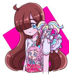 2girls ahoge blonde_hair blue_eyes blue_hair blunt_bangs brown_hair cameo closed_mouth cropped_torso daia_(pri_chan) dress hair_over_one_eye hands_on_own_cheeks hands_on_own_face kiratto_pri_chan long_hair looking_at_another mini_person minigirl momoyama_mirai multicolored_hair multiple_girls nijinosaki_dia pink_hair pretty_series print_shirt rituyama1 shirt short_sleeves smile streaked_hair t-shirt twintails upper_body very_long_hair white_shirt