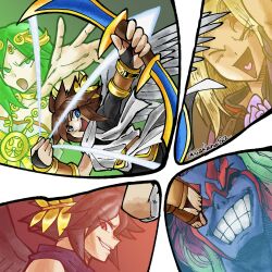 2girls 3boys angel angel_wings arrow_(projectile) black_hair black_sclera blonde_hair blue_eyes bow_(weapon) brown_hair chain circlet closed_eyes colored_sclera colored_skin dark_pit flower gold_chain green_eyes green_hair hades_(kid_icarus) highres holding holding_bow_(weapon) holding_weapon kid_icarus kid_icarus_uprising laurel_crown looking_at_viewer majinkomori multiple_boys multiple_girls nintendo open_mouth palutena palutena_bow_(kid_icarus) pit_(kid_icarus) purple_flower purple_skin teeth viridi weapon wings
