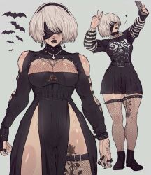 2024 2b_(nier:automata) alternate_costume bat_(animal) black_boots boots breasts cross cross_earrings earrings fishnet_thighhighs fishnets ghost_(band) goth_fashion heart highres jewelry large_breasts leg_tattoo lip_piercing lip_ring nail_polish nier:automata nier_(series) pelvic_curtain piercing selfie spoken_heart tattoo thighhighs v white_background white_hair yoracrab