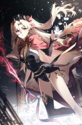 Rule 34 | 1girl, black leotard, blonde hair, breasts, cloak, earrings, ereshkigal (fate), fate/grand order, fate (series), feet out of frame, flower, fur-trimmed cloak, fur trim, hair ribbon, highres, holding, holding polearm, holding weapon, jewelry, leotard, long hair, looking at viewer, medium breasts, meslamtaea (fate), open mouth, orange eyes, parted bangs, polearm, red cloak, ribbon, single thighhigh, skull ornament, solo, thighhighs, tiara, two-sided cloak, two-sided fabric, two side up, weapon, xiangbei528, yellow cloak