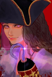 Rule 34 | 1girl, ao-illust, brown hair, closed mouth, crushing food, disneyland, gloves, hat, highres, hock, hook hand, long hair, long sleeves, looking at viewer, pirate, pirate costume, pirate hat, shirt, smile, wavy hair, wide sleeves