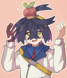 1boy applin black_hair blue_shirt blush collared_shirt crossed_bangs flower_symbol gen_8_pokemon gloves hair_between_eyes hairband hykchiba jacket kieran_(pokemon) long_sleeves male_focus mole mole_on_neck multicolored_hair nintendo on_head open_mouth outline pokemon pokemon_(creature) pokemon_on_head pokemon_sv purple_hair red_background red_gloves shirt simple_background single_glove sweat upper_body white_jacket white_outline yellow_eyes yellow_hairband