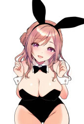 Rule 34 | 1girl, :d, animal ear hairband, animal ears, black bow, black bowtie, black leotard, black witch (artist), bow, bowtie, breasts, brown hair, cleavage, cowboy shot, detached collar, dot nose, fake animal ears, gakuen idolmaster, hairband, head tilt, highres, himesaki rinami, idolmaster, large breasts, leotard, looking at viewer, medium hair, open mouth, playboy bunny, purple eyes, rabbit ear hairband, rabbit ears, shiny skin, simple background, smile, solo, standing, thigh gap, thighs, w arms, white background, white wrist cuffs, wrist cuffs