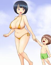 bikini bob_cut gold_bikini gundam gundam_gquuuuuux highres micro_bikini mother_and_son no_sclera shiiko_sugai swimsuit tof