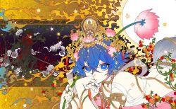 1girl backless_outfit blue_eyes blue_hair flower hair_between_eyes looking_at_viewer lotus lying on_side on_stomach pika_(kai9464)