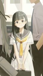 1girl absurdres bag black_hair blunt_bangs brown_eyes closed_mouth commentary_request hand_in_pocket highres holding holding_bag lan001 long_hair long_skirt looking_at_viewer make_heroine_ga_oo_sugiru! neckerchief nukumizu_kaju people school_uniform serafuku shirt short_sleeves skirt smile solo_focus white_serafuku white_shirt white_skirt yellow_neckerchief