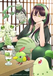 1girl alcremie alternate_color black_hair carmine_(pokemon) chikorita colored_inner_hair creatures_(company) crossed_bangs dress eyelashes game_freak gen_2_pokemon gen_8_pokemon green_hair green_hairband hair_between_eyes hairband highres holding long_hair mole mole_under_eye multicolored_hair natu nintendo pokemon pokemon_(creature) pokemon_sv red_eyes sakanashiworks shiny_pokemon sinistcha sitting smile swinub two-tone_hair yellow_eyes