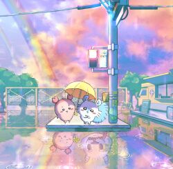 :3 absurdres animal_ears black_eyes blush_stickers chiikawa closed_mouth cloud cloudy_sky commentary crab_claw dekatsuyo_(chiikawa) different_reflection fence flower food_truck furuhonya highres holding holding_flower holding_umbrella momonga_(chiikawa) moromi_(kscd4482) no_humans open_mouth outdoors rain rainbow reflection reflective_water scenery sky symbol-only_commentary tail tree umbrella utility_pole v-shaped_eyebrows yellow_flower yellow_umbrella