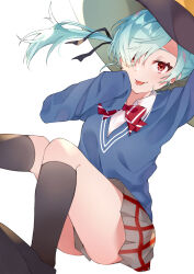1girl :p anekokko_(pixiv55738971) black_hat black_ribbon black_shoes black_socks blue_hair blue_sweater bow bowtie collared_shirt commentary hair_over_one_eye hair_ribbon hat highres kneehighs long_hair long_sleeves looking_at_viewer red_bow red_bowtie red_eyes ribbon school_uniform shirt shoes simple_background sleeves_past_fingers sleeves_past_wrists smile socks solo striped_bow striped_bowtie striped_clothes sweater takigawa_noa tongue tongue_out twintails white_shirt witch_hat yamada-kun_to_7-nin_no_majo
