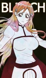 Rule 34 | 1girl, absurdres, bleach, breasts, brown eyes, dress, english text, female focus, hair ornament, hairclip, highres, inoue orihime, large breasts, long hair, looking at viewer, n (nauki 11), orange hair, white dress