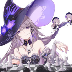 1girl bare_shoulders board_game braid chess chess_piece chessboard detached_collar detached_sleeves dress elbow_gloves flower gloves hat hat_flower herta_(honkai:_star_rail) highres honkai:_star_rail honkai_(series) long_hair looking_at_viewer nail_polish purple_dress purple_eyes purple_hair purple_nails saint_laurent_paris simple_background smile solo the_herta_(honkai:_star_rail) upper_body white_background witch witch_hat